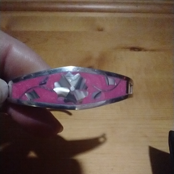 Vintage Alpaca Mexico Bangle Bracelet Flower Pink Enamel Mother Of… - Picture 3 of 16